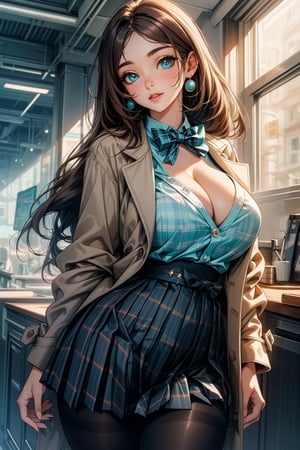 (cowboy shot: 1.5), (masterpiece:1.5), (big breasts), 1 girl, young woman, (Beautiful Girl:1.5), (extremely detailed and delicate anime face and eyes:1.5), whole body, (natural light, HDR, extremely details CG:1.3), (dynamic posture:1.3), {correct body anatomy}, (wide hips:1.4), (perfect hands:1.3), single focus, toned body, Beautiful Lips, thick lips, {surreal}, {correct posture}, {minutes details}, {detailed body}, {detailed clothing}, {Bright Eyes}, (cleavage: 1.3), {accessories}, {sexy}, {solo}, Korean school uniform, (open short coat: 1.5), (Plaid short coat: 1.4), (short coat: 1.5), (High waist pleated skirt: 1.5), (Plaid skirt: 1.3), high waist skirt, Strap pleated skirt, white shirt, drawstring shirts, (pearl bow tie: 1.3), Hakama bow, (pantyhose: 1.3), black loafers, jewelry, earrings, (light smile: 1.3), (dark brown hair: 1.5), (low tied long hair: 1.3), (straight hair: 1.5), nape hair, glowing hair, (bright turquoise eyes: 1.3),