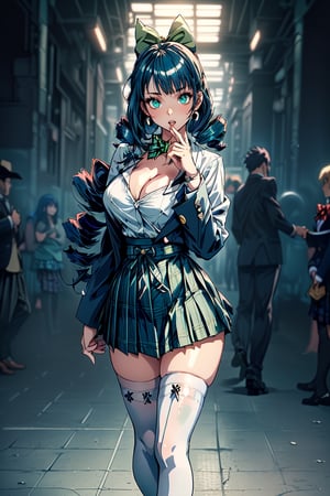 (cowboy shot: 1.5), (masterpiece:1.5), (big breasts), 1 girl, young woman, (Beautiful Girl:1.5), (extremely detailed and delicate anime face and eyes:1.5), whole body, (natural light, HDR, extremely details CG:1.3), (dynamic posture:1.3), {correct body anatomy}, (wide hips:1.4), (perfect hands:1.3), single focus, toned body, Beautiful Lips, thick lips, {surreal}, {correct posture}, {minutes details}, {detailed body}, {detailed clothing}, {Bright Eyes}, (cleavage: 1.3), {accessories}, {sexy}, {solo}, Korean school uniform, (Short blazer: 1.5), (white blouse: 1.3), long sleeves jacket, (High waist pleated skirt:1.5), (Plaid skirt: 1.3), high waist skirt, (Strap pleated skirt: 1.3), Strap, drawstring shirts, (pearl bow tie: 1.3), Hakama bow, (white legwear: 1.5), black heels shoes, jewelry, (hair bow: 1.3), earrings, (dark blue hair: 1.5), long hair, (quad drills hair: 1.5), (straight hair: 1.3), blunt bangs, glowing hair, (bright light green eyes: 1.3), 