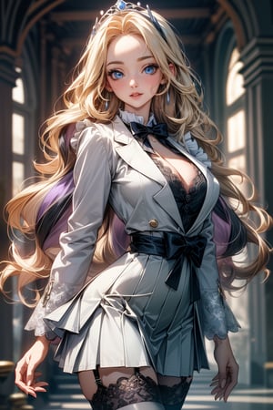 (cowboy shot: 1.5), (masterpiece:1.5), (big breasts), 1 girl, young woman, (Beautiful Girl:1.5), (extremely detailed and delicate anime face and eyes:1.5), whole body, (natural light, HDR, extremely details CG:1.3), (dynamic posture:1.3), {correct body anatomy}, (wide hips:1.4), (perfect hands:1.3), single focus, toned body, Beautiful Lips, thick lips, {surreal}, {correct posture}, {minutes details}, {detailed body}, {detailed clothing}, {Bright Eyes}, (cleavage: 1.3), {accessories}, {sexy}, {solo}, (Short blazer: 1.5), long sleeves jacket, (open jacket: 1.5), (puffed sleeves: 1.3), one-piece dress, (wide sleeves: 1.3), (school dress: 1.5), (dress: 1.5), (skirt with lots of frills: 1.5), (white lace-trimmed legwear: 1.5), white thighhighs, garter belt, (Hakama bow: 1.3), (black high heels: 1.3), jewelry, (bowtie: 1.3), hairband, (tiara: 1.2), earrings, (light smile: 1.3), (extra long hair: 1.5), (two-tone hair: 1.5), (pale blonde hair with lilac streaks: 1.5), (permed hair: 1.5), (long wavy hair: 1.3), very thick hair, (open forehead: 1.5), glowing hair, (bright light gray eyes: 1.3),