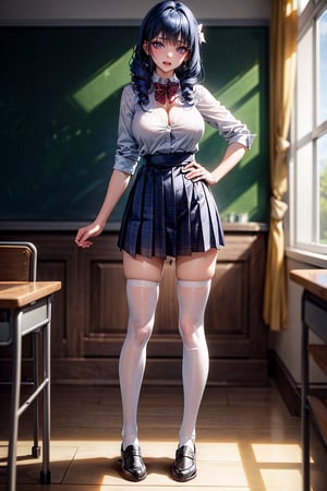 (full body: 1.5), {masterpiece: 1-5}, {big breasts: 1-3}, 1 girl, young woman, beautiful Girl ,{extremely detailed and delicate anime face and eyes: 1-5}, {whole body: 1-3}, {natural light, HDR, extremely details CG: 1-3}, {dynamic posture: 1-3}, {correct body anatomy}, {wide hips: 1-5}, {perfect hands: 1-5}, single focus, toned body, wide hips, Beautiful Lips, thick lips, {surreal}, {correct posture}, {minutes details}, {detailed body}, {detailed clothing}, {Bright Eyes}, {cleavage: 1-3}, {accessories}, {sexy}, {solo}, Korean school uniform, (High waist pleated skirt: 1.5), (Plaid skirt: 1.3), high waist skirt, (Strap pleated skirt: 1.3), Strap, white shirt, drawstring shirts, (pearl bow tie: 1.3), Hakama bow, (white legwear: 1.5), black loafers, jewelry, earrings, (dark blue hair: 1.5), long hair, (quad drills hair: 1.3), (straight hair: 1.5), blunt bangs, light green eyes, (School: 1.5),