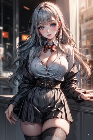 (masterpiece:1.5), (big breasts), 1 girl, young woman, (Beautiful Girl:1.5), (extremely detailed and delicate anime face and eyes:1.5), whole body, (natural light, HDR, extremely details CG:1.3), (dynamic posture:1.3), {correct body anatomy}, (wide hips:1.4), (perfect hands:1.3), single focus, toned body, Beautiful Lips, thick lips, {surreal}, {correct posture}, {minutes details}, {detailed body}, {detailed clothing}, {Bright Eyes}, (cleavage: 1.3), {accessories}, {sexy}, {solo}, Korean school uniform, (open short coat: 1.5), (Plaid short coat: 1.4), (short coat: 1.5), (High waist pleated skirt: 1.5), (Plaid skirt: 1.3), high waist skirt, Strap pleated skirt, white shirt, drawstring shirts, (pearl bow tie: 1.3), Hakama bow, (brown thighhighs: 1.5), black loafers, jewelry, (hairclip: 1.5), earrings, (medium long hair: 1.5), (gray blue hair: 1.5), (noodle hair: 1.3), (blunt bangs: 1.5),  glowing hair, (bright peach eyes: 1.3),