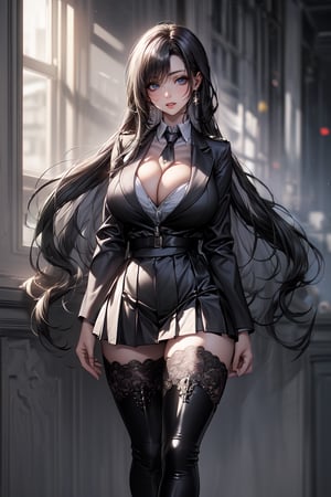 (masterpiece:1.5), (big breasts), 1 girl, young woman, (Beautiful Girl:1.5), (extremely detailed and delicate anime face and eyes:1.5), whole body, (natural light, HDR, extremely details CG:1.3), (dynamic posture:1.3), {correct body anatomy}, (wide hips:1.4), (perfect hands:1.3), single focus, toned body, Beautiful Lips, thick lips, {surreal}, {correct posture}, {minutes details}, {detailed body}, {detailed clothing}, {Bright Eyes}, (cleavage: 1.5), {accessories}, {sexy}, {solo}, bbuniform, high school girl, school uniforms, (Short black blazer: 1.5), (black blouse: 1.3), long sleeves jacket, (puffed sleeves: 1.3), silver-tone front zipper, (pleated skirt: 1.5), (short skirt: 1.3), (black thighhighs: 1.5), waist-defining belt, (lace collar with tie: 1.3), (black thigh boots: 1.5), boots high-heeled, jewelry, earrings, (serious look: 1.3), (extra long hair: 1.5), (two-tone hair: 1.5), (black hair with white streaks: 1.5), (black hair: 1.3), (white streaks: 1.3), (nape hair: 1.5), (straight hair: 1.3), hair over eyes, (parted bangs: 1.3), (white sidelocks: 1.3), glowing hair, (bright Cadet Blue eyes: 1.3), 