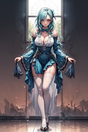 (full body: 1.5), {masterpiece: 1-5}, {big breasts: 1-5}, 1 girl, young woman, beautiful Girl ,{extremely detailed and delicate anime face and eyes: 1-5}, {whole body: 1-3}, {natural light, HDR, extremely details CG: 1-3}, {dynamic posture: 1-3}, {correct body anatomy}, {wide hips: 1-5}, {perfect hands: 1-5}, single focus, toned body, wide hips, Beautiful Lips, thick lips, {surreal}, {correct posture}, {minutes details}, {detailed body}, {detailed clothing}, {Bright Eyes}, {cleavage: 1-5}, {accessories}, {sexy}, {solo}, idol clothes, shirt, short skirt, lace, frills, lace rims, jirai, jiraikei, frills, long sleeves with ruffles, (frilled sleeves: 1.5), frilled skirt, plaid skirt, white lace thighhighs, white legwear, pointe shoes, (bowtie: 1.3), earrings, (aqua hair: 1.5), twin drills, twin braid, (chiquinha hairstyle: 1.3), long hair, crossed bangs, blue eyes,