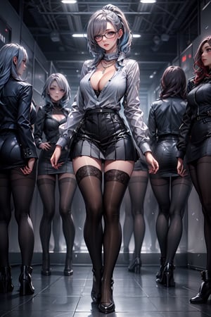 (full body: 1.5), {masterpiece: 1-5}, {big breasts: 1-5}, 1 girl, young woman, beautiful Girl ,{extremely detailed and delicate anime face and eyes: 1-5}, {whole body: 1-3}, {natural light, HDR, extremely details CG: 1-3}, {dynamic posture: 1-3}, {correct body anatomy}, {wide hips: 1-5}, {perfect hands: 1-5}, single focus, toned body, wide hips, Beautiful Lips, thick lips, {surreal}, {correct posture}, {minutes details}, {detailed body}, {detailed clothing}, {Bright Eyes}, {cleavage: 1-5}, {accessories}, {sexy}, {solo}, turtle neck sweater, long sleeves, pleated skirt, short skirt, earrings, necklace, white stockings, pink thighhighs, high heel boots, glasses, pink eyes, (Silver blue hair: 1.5), very long hair, twintails, hair over eyes,