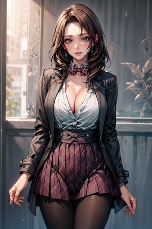 (masterpiece:1.5), (big breasts), 1 girl, young woman, (Beautiful Girl:1.5), (extremely detailed and delicate anime face and eyes:1.5), whole body, (natural light, HDR, extremely details CG:1.3), (dynamic posture:1.3), {correct body anatomy}, (wide hips:1.4), (perfect hands:1.3), single focus, toned body, Beautiful Lips, thick lips, {surreal}, {correct posture}, {minutes details}, {detailed body}, {detailed clothing}, {Bright Eyes}, (cleavage: 1.3), {accessories}, {sexy}, {solo}, Korean school uniform, (open short coat: 1.5), (Plaid short coat: 1.4), (short coat: 1.5), (High waist pleated skirt: 1.5), (Plaid skirt: 1.3), high waist skirt, Strap pleated skirt, white shirt, drawstring shirts, (pearl bow tie: 1.3), Hakama bow, (pantyhose: 1.3), black loafers, jewelry, earrings, (light smile: 1.3), (dark brown hair: 1.5), (low tied long hair: 1.3), (straight hair: 1.5), nape hair, glowing hair, (bright turquoise eyes: 1.3) 