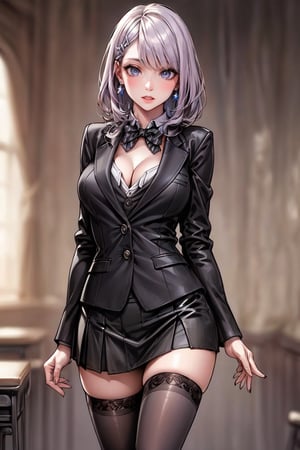 (masterpiece:1.5), (big breasts), 1 girl, young woman, (Beautiful Girl:1.5), (extremely detailed and delicate anime face and eyes:1.5), whole body, (natural light, HDR, extremely details CG:1.3), (dynamic posture:1.3), {correct body anatomy}, (wide hips:1.4), (perfect hands:1.3), single focus, toned body, Beautiful Lips, thick lips, {surreal}, {correct posture}, {minutes details}, {detailed body}, {detailed clothing}, {Bright Eyes}, (cleavage: 1.3), {accessories}, {sexy}, {solo}, (black wafuku: 1.5), (black school uniform: 1.3), (Short black blazer: 1.5), (black blouse: 1.3), long sleeves jacket, (short skirt: 1.3), skirt, (bowtie: 1.3), hairclip, jewelry, earrings, (brown thighhighs: 1.5), loafers, (disdain look: 1.3), (medium hair: 1.5), (permed hair: 1.3), (gray hair: 1.5), (swept bangs: 1.3), glowing hair, (bright lilac eyes: 1.3), 