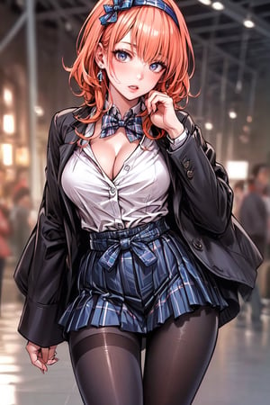 (masterpiece:1.5), (big breasts), 1 girl, young woman, (Beautiful Girl:1.5), (extremely detailed and delicate anime face and eyes:1.5), whole body, (natural light, HDR, extremely details CG:1.3), (dynamic posture:1.3), {correct body anatomy}, (wide hips:1.4), (perfect hands:1.3), single focus, toned body, Beautiful Lips, thick lips, {surreal}, {correct posture}, {minutes details}, {detailed body}, {detailed clothing}, {Bright Eyes}, (cleavage: 1.3), {accessories}, {sexy}, {solo}, Korean school uniform, (Short blazer: 1.5), (white blouse: 1.3), long sleeves jacket, (High waist pleated skirt:1.5), (Plaid skirt: 1.3), high waist skirt, (Strap pleated skirt: 1.3), Strap, drawstring shirts, (pearl bow tie: 1.3), Hakama bow, (naby blue pantyhose: 1.5), black heels shoes, jewelry, (hairband: 1.3), earrings, (disdain look: 1.3), (medium hair 1.5), (peach hair: 1.5), (beehive hairdo: 1.3), (swept bangs: 1.5), glowing hair, (bright plum eyes: 1.3),
