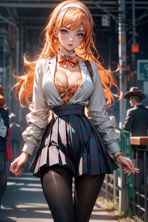(cowboy shot: 1.5), (masterpiece:1.5), (big breasts), 1 girl, young woman, (Beautiful Girl:1.5), (extremely detailed and delicate anime face and eyes:1.5), whole body, (natural light, HDR, extremely details CG:1.3), (dynamic posture:1.3), {correct body anatomy}, (wide hips:1.4), (perfect hands:1.3), single focus, toned body, Beautiful Lips, thick lips, {surreal}, {correct posture}, {minutes details}, {detailed body}, {detailed clothing}, {Bright Eyes}, (cleavage: 1.3), {accessories}, {sexy}, {solo}, Korean school uniform, (Short blazer: 1.5), (white blouse: 1.3), long sleeves jacket, (High waist pleated skirt:1.5), (Plaid skirt: 1.3), high waist skirt, (Strap pleated skirt: 1.3), Strap, drawstring shirts, (pearl bow tie: 1.3), Hakama bow, (naby blue pantyhose: 1.5), black heels shoes, jewelry, (hairband: 1.3), earrings, (disdain look: 1.3), (medium hair 1.5), (peach hair: 1.5), (beehive hairdo: 1.3), (swept bangs: 1.5), glowing hair, (bright plum eyes: 1.3),
