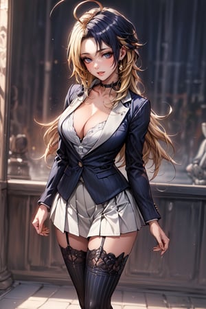 (masterpiece:1.5), (big breasts), 1 girl, young woman, (Beautiful Girl:1.5), (extremely detailed and delicate anime face and eyes:1.5), whole body, (natural light, HDR, extremely details CG:1.3), (dynamic posture:1.3), {correct body anatomy}, (wide hips:1.4), (perfect hands:1.3), single focus, toned body, Beautiful Lips, thick lips, {surreal}, {correct posture}, {minutes details}, {detailed body}, {detailed clothing}, {Bright Eyes}, (cleavage: 1.3), {accessories}, {sexy}, {solo}, bbuniform, high school girl, school uniforms, (Short black blazer: 1.5), (white blouse: 1.3), long sleeves jacket, (open blazer: 1.5), silver-tone front zipper, (pleated skirt: 1.5), (short skirt: 1.3), (striped thighhighs: 1.5), (Hakama bow: 1.3), waist-defining belt, choker, (black high heel boots: 1.3), jewelry, earrings, (light smile: 1.5), (long hair: 1.5), (two-tone hair: 1.5), (pale yellow hair with navy blue streaks: 1.5), (quiff: 1.5), (side shaved head: 1.5), (straight hair: 1.3), (sidelocks: 1.5), (open forehead: 1.5), glowing hair, (ahoge: 1.5), (bright salmon eyes: 1.3),