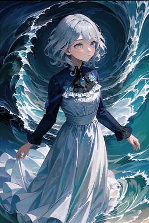 A girl stands statuesque on a dark ocean canvas, her silvery locks framing her gaze like a celestial crescent, as piercing blue eyes bore into the viewer's essence. A soft smile plays on her lips, accentuated by the ahoge's gentle curve, while she dances with ethereal grace beneath dimly lit waves. Her white dress ripples in harmony with the ocean's darkness, radiating an aura of unyielding confidence and power as she commands the depths. (((furina )))