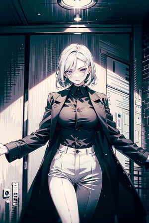 perfect face, atmospheric scene, masterpiece, best quality, (detailed face, detailed skin texture), (cinematic light: 1.1), Detailedface, female, ((pale skin)), slender, (middle breast), thicc hip, thicc thigs, ((Black Wool Overcoat, dark suit, dark-colored shirt)),  (Silver-White Hair, Short Hair, Slightly Curled Ends)), ((dark purple eyes, deep, Sideways Glance)),  (mature), (tall), long legs, (facing the camera), ((((cowboy shot)))),(in office),(politician),(formal),(((serious,  commanding presence, elegant, alluring))),age comparison