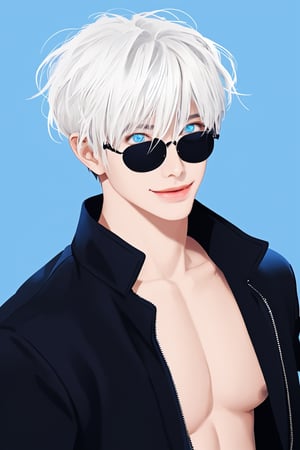 solo, looking at viewer, smile, short hair, bangs, blue eyes, long sleeves, 1boy, hair between eyes, jacket, upper body, white hair, male focus, parted lips, black jacket, blue background, sunglasses, round eyewear, gojou satoru,LatteArt,Pectoral Focus