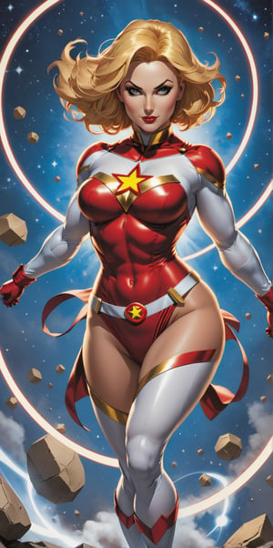 atom Girl (Karen Starr) dc (sexy  figure pose) falls into dimensions and the dimensions overlap with each other and emerge from each other, like the dimensions that exist in the movie  dc Power Girl (Karen Starr) across the dc MultiVerse, art style,Leonardo style 