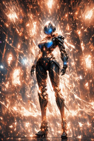 beautiful blonde, blue eyes, full body shot, deep V armor, beautiful big boob half shown, (tall and slender body), fair and smooth skin, mecha background, robot, masterpiece, cinematic lighting, physically based rendering, lens flare, award winning rendering, perfect rendering detail, 8K, realism, detailed background, everything in detail, cinematic shot, dynamic lighting, 75mm, Technicolor, Panavision, cinemascope, fine details, 8k, HDR, realism, realistic, key visual, film still, superb cinematic color grading, depth of field, photorealistic ,midjourney,1 girl