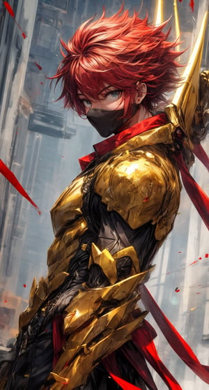 solo male, golden armor, spiky blood red hair,blue eyes,wrenchsmechs