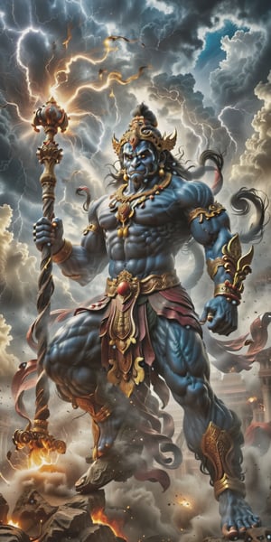 lord hanuman, hindu god hanuman, Create an ultra realistic image of god, The armor is ornate, with intricate engravings and embellishments that showcase craftsmanship and power. The warrior's eyes glow an intense blue, adding a fierce and supernatural quality to their appearance. The warrior stands against a dramatic sky background, filled with swirling dark clouds and flashes of lightning, suggesting an impending epic battle. Mist swirls around their feet and rises in tendrils, adding an element of mystery and tension to the scene. HE hold a magical mace  (gada) prominently displayed and held with a firm grip, appears to be imbued with fire. Flames lick along the gada, Capture the warrior's strength, readiness for combat, and the intense, almost otherworldly atmosphere created by the mist and the dramatic sky. The overall composition should evoke a sense of power, determination, and the imminent clash of forces. 
epic and mistic composition