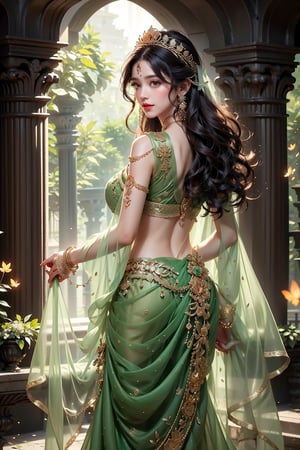 1girl, solo, long hair, looking at viewer, smile, black hair, dress, holding, brown eyes, jewelry, standing, earrings, looking back, from behind, saree, realistic, red lips,Realistic

5a women with ,extra boob ,Enchanted Forest Glade:In an enchanted forest glade, Princess Leonor stands amidst glowing fireflies and lush foliage, wearing a stunning gown of sheer emerald green fabric. The dress is designed to highlight her elegant figure with a fitted bodice and flowing skirt that reveals delicate glimpses of her silhouette. The transparent material is adorned with subtle floral embroidery and beading that catches the light beautifully. Her hair is styled in loose, natural waves, and she wears a delicate green tiara with matching jewelry. The scene is magical and ethereal, with Leonor’s presence blending harmoniously with the enchanting beauty of the forest glade.