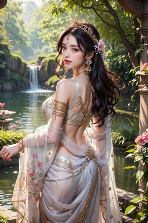 1girl, solo, long hair, looking at viewer, smile, black hair, dress, holding, brown eyes, jewelry, standing, earrings, looking back, from behind, saree, realistic, red lips,Realistic

5a women with ,extra boob ,Whimsical Forest Picnic:In a whimsical forest setting, Princess Leonor enjoys a charming picnic surrounded by lush greenery and colorful wildflowers. She wears a light and airy gown of pastel lavender, with a fitted bodice and a flowing skirt that moves gracefully with her every step. The dress features delicate floral embroidery and a low-cut back, enhancing her elegant silhouette. Her hair is styled in loose, natural waves, adorned with a small flower crown that matches the theme of the picnic. She accessorizes with subtle pearl earrings and a delicate bracelet. The scene is serene and enchanting, with Leonor’s graceful presence adding a touch of royal elegance to the idyllic woodland setting. Hot lagre boobs  