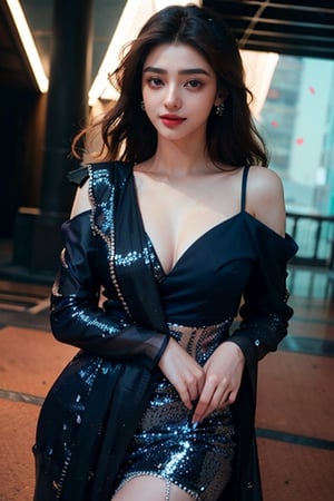 Create a highly detailed illustration of an 18-year-old model, highlighting her unique beauty. Clothed in a tight sequined dress that emphasizes her figure and big breasts, she exudes glamour with bold makeup and an enigmatic gaze complemented by a subtle smile. Picture her with flowing auburn curls, dressed in a sophisticated navy blue gown that complements her style. Explore bold and glamorous makeup choices, crafting an expression that combines an enigmatic gaze with a subtle smile. Apply a 1.5 cell shade for a realistic and captivating result.