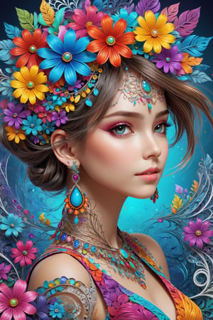 (masterpiece, top quality, best quality, official art, beautiful and aesthetic:1.2), (1girl:1.3), extremely detailed,(fractal art:1.1),(colorful:1.1)(flowers:1.3),highest detailed,(zentangle:1.2), (dynamic pose), (abstract background:1.3), (many colors:1.4), ,(earrings), (flowers:1.5)