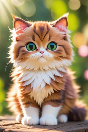 A cute cat,fluffy fur,adorable active eyes,playful paws,cosy sleeping spot,soft whiskers,beautiful patterned coat,bright and expressive eyes,curious and playful nature,smooth and sleek body,graceful and agile movements,[cat toys],[green garden background],[colorful sunlight filtering through the trees],[vibrant and cheerful atmosphere],(best quality,ultra-detailed),[soft lighting],realistic colors, [bokeh]