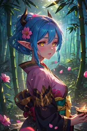 Karina_ML, 1 elf girl, blue hair, black horns, yellow eyes, pink kimono, flowers:1.4, petals, bamboo forest, fantasy, magnificent background, aesthetic, cinematic lighting, upper body, medium breats, HD,girl