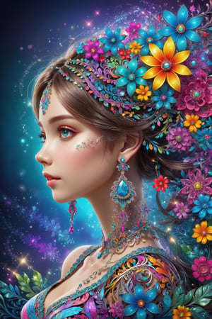 (masterpiece, top quality, best quality, official art, beautiful and aesthetic:1.2), (1girl:1.3), extremely detailed,(fractal art:1.1),(colorful:1.1)(flowers:1.3),highest detailed,(zentangle:1.2), (dynamic pose), (abstract background:1.3), (many colors:1.4), ,(earrings), (sparkles:1.5)