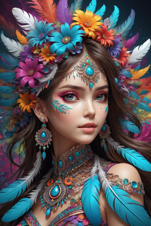 (masterpiece, top quality, best quality, official art, beautiful and aesthetic:1.2), (1girl:1.3), extremely detailed,(fractal art:1.1),(colorful:1.1)(flowers:1.3),highest detailed,(zentangle:1.2), (dynamic pose), (abstract background:1.3), (many colors:1.4), ,(earrings), (feathers:1.5)