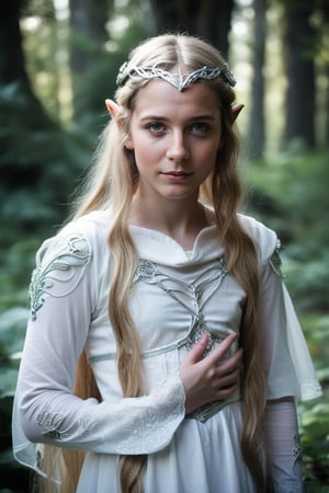 real life photo,score_9, score_8_up, score_7_up,young female, statuesque female, elvish noble FEMALE,majestic female, gorgeous female,
galadriel, elf, (very long hair:1.3), silver tiara, blonde hair, fully clothed in white dress, sleeves, daylight, detailed hands ,perfect photografy, cute girl, young and beautiful,mastepies, 1girl, small tits, realistic,young face, detailed fingers, lothlorien scenery, fantasy forest, looking at viewer,