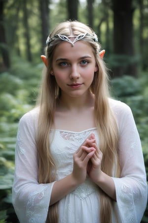 Full body,real life photo,score_9, score_8_up, score_7_up,30 year old female,fitted dress, statuesque female, elvish noble FEMALE,majestic female, gorgeous female,
galadriel, elf, (very long hair:1.3), silver tiara, blonde hair, fully clothed in white fitted dress, sleeves, daylight, detailed hands ,perfect photografy, cute girl, young and beautiful,mastepies, 1girl, small tits, realistic,young face, detailed fingers, lothlorien scenery, fantasy forest, looking at viewer,