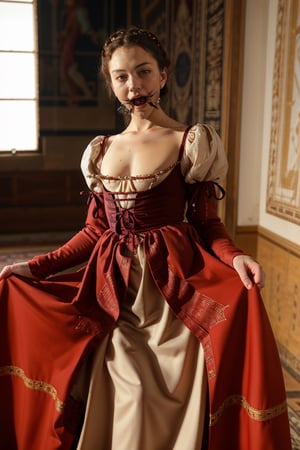 Folds on skirt, long skirt,Full body view,Perfect photography of girl 20 year old, wearing long renaissance dress,wearing edgRenaissance,edgRenaissance,wide open mouth,  detailed dress, detailed face, detailed hands, perfect light, masterpiece, 8k, highest quality ,sp1derg4g
