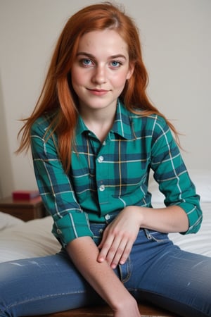 Wendy, green Plaid shirt, ginger hair, Full body, detailed hands, fully clothed, real life photo,score_9, score_8_up, score_7_up, girl wearing shirt and jeans,skinny girl,detailed hands,(14 year old teenage girl:1.4),mastepies, 1girl, tiny tits, lips, realistic, young face, freckles,