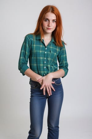 Wendy, green Plaid shirt, ginger hair, Full body, detailed hands, detailed fingers, detailed pussy,fully clothed, real life photo,score_9, score_8_up, score_7_up, girl wearing shirt and jeans,skinny girl,detailed hands,(14 year old teenage girl:1.4),mastepies, 1girl, tiny tits, lips, realistic, young face, detailed fingers