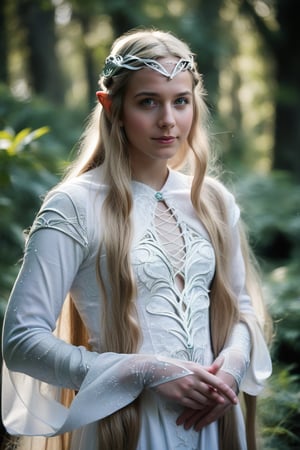 3/4 body,real life photo,score_9, score_8_up, score_7_up,30 year old female, statuesque female, elvish noble FEMALE,majestic female, gorgeous female,
galadriel, elf, (very long hair:1.3), silver tiara, blonde hair, fully clothed in white dress, sleeves, daylight, detailed hands ,perfect photografy, cute girl, young and beautiful,mastepies, 1girl, small tits, realistic,young face, detailed fingers, lothlorien scenery, fantasy forest, looking at viewer,