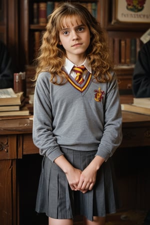 Cute face,cute girl, standing,Detailed face, skinny girl,Perfect photography of Hermione Granger, fully clothed in knee length skirt and sweater, Hogwarts uniform,11 year old girl, Hogwarts library background,full body,score_9, score_8_up, score_7_up, source_photo, photography, realistic,rating_explicit, raw photo, masterpiece, score_9, score_8_up, score_7_up,Hermione Granger, 1girl, long_hair, bangs, brown_hair,child