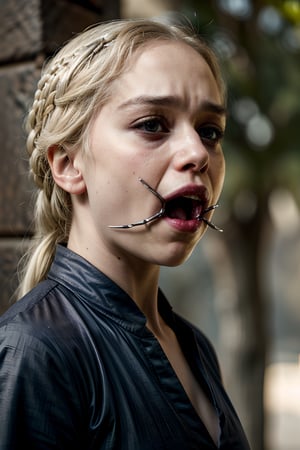 Scared face, crying, tears,Perfect photography,Daenerys targarien,(looking at viewer:1.3),(best quality, high quality, sharp focus:1.4), perfect photo of 18 year girl, spider gag, open mouth, masterpiece, intricate details, hyper realistic, bokeh, 4k,sp1derg4g,disgusted face,khls woman
