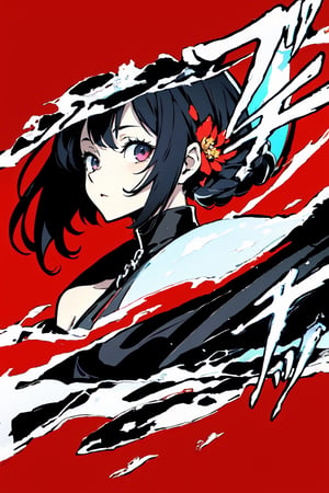 (masterpiece),vivid,a beautiful girl ,black dress,multicolored hair,red blossoms,white background, surrounded by ghost,Persona Cut In