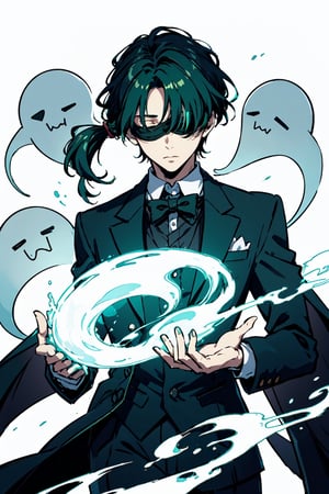 (masterpiece),vivid,a handsome man ,green tuxedo,multicolored hair,blindfolded ,wavy pigtail hairstyle,white background, surrounded by ghost,Persona Cut In,midjourney