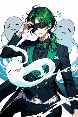 (masterpiece),vivid,a handsome man ,green tuxedo,multicolored hair,blindfolded ,wavy pigtail hairstyle,white background, surrounded by ghost,Persona Cut In,midjourney