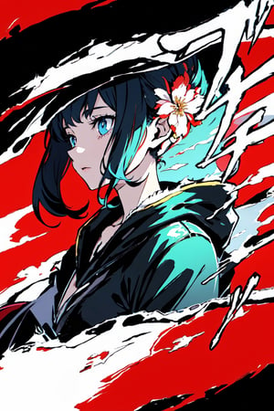 (masterpiece),vivid,a beautiful girl ,black dress,multicolored hair,red blossoms,white background, surrounded by ghost,Persona Cut In