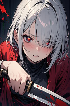 ((masterpiece,best quality)), 1girl,, hair over one eye, red symbol-shaped pupils, holding knife, blood, shaded face, from below ,
Tsundere ,silver hair