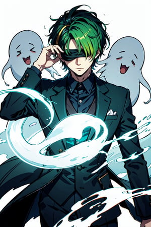 (masterpiece),vivid,a handsome man ,green tuxedo,multicolored hair,blindfolded ,messy wolfcut hairstyle,white background, surrounded by ghost,Persona Cut In,midjourney