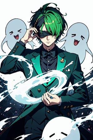 (masterpiece),vivid,a handsome man ,green tuxedo,multicolored hair,blindfolded ,messy wolfcut hairstyle,white background, surrounded by ghost,Persona Cut In,midjourney