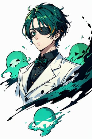 (masterpiece),vivid,a handsome man ,green tuxedo,multicolored hair,blindfolded ,messy wolfcut hairstyle,white background, surrounded by ghost,Persona Cut In,midjourney