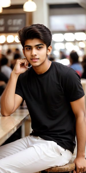 lovely  young attractive indian teenage boy in a black  top, 19 years old, handsome, an Instagram model, long blonde_hair, colorful hair, winter, sitting in a coffee shop, ,Indian