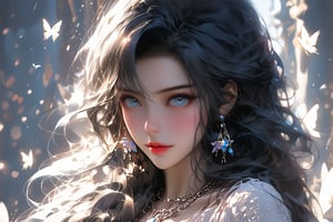 High quality, masterpiece, HD, 8K, This digital painting depicts a beautiful goddess with long black hair and blue eyes. She is wearing a purple dress, a necklace and earrings. She holds a white cat in her arms and looks at the cat with loving eyes. The whole painting is full of warmth, and several white butterflies are flying around her. Close-up shots highlight her noble temperament.