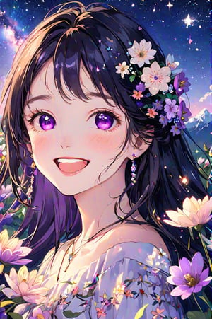 32K ultra-clear wallpaper, anime style, anime girl, Under the starry sky, her smile blooms like a mountain flower, and her purple eyes sparkle with dreamy light. Garlands adorned her black hair, seeming to complement the stars in the night sky. She is among the flowers, her smile is as warm as the spring breeze, bringing endless hope and beauty.