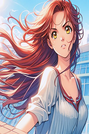 anime style, retro style, highly detailed, masterpiece, fantasy art, a beautiful long-haired girl, solo, messy red hair, wearing high school uniform, standing on a rooftop, determined expression, amber eyes, sunset background, excellent quality, dramatic lighting, nostalgic night, stunning image, anime art style, vspop, rich colors, child, facing the sunset, only the back can be seen, full body shot, hands in pockets looking into the distance,