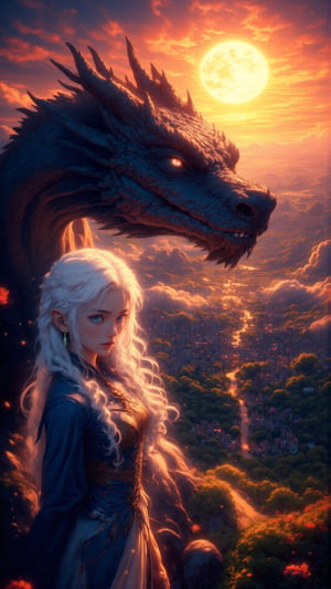 High quality Hayao Miyazaki animation style. Sunset, setting sun, city, colorful clouds, mountains and rivers. The goddess with long white hair (and bright blue eyes) looks lovingly forward. Has long white hair (and bright blue eyes). Slender figure, blue skirt. A long shot of a four-clawed fire dragon beside her (very good texture), cinematic light and shadow,The Guardian DRagon