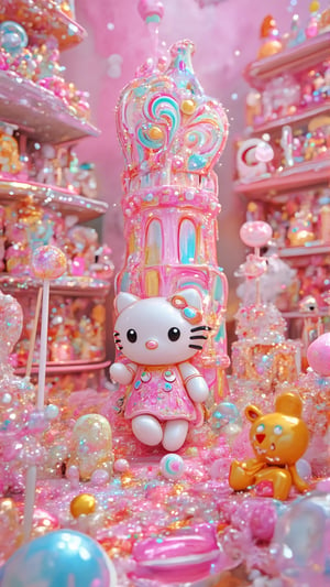 In a whimsical candy shop, a Hello Kitty figurine sits amidst a sea of colorful confections. The walls are lined with gummy bears, peppermint swirls, and cotton candy clouds. A towering lollipop centerpiece rises like a sugary spire, adorned with edible glitter. A sweet-toothed girl, crafted from crystallized sugar, holds a Hello Kitty treat box. ❤🔥🍄🌪